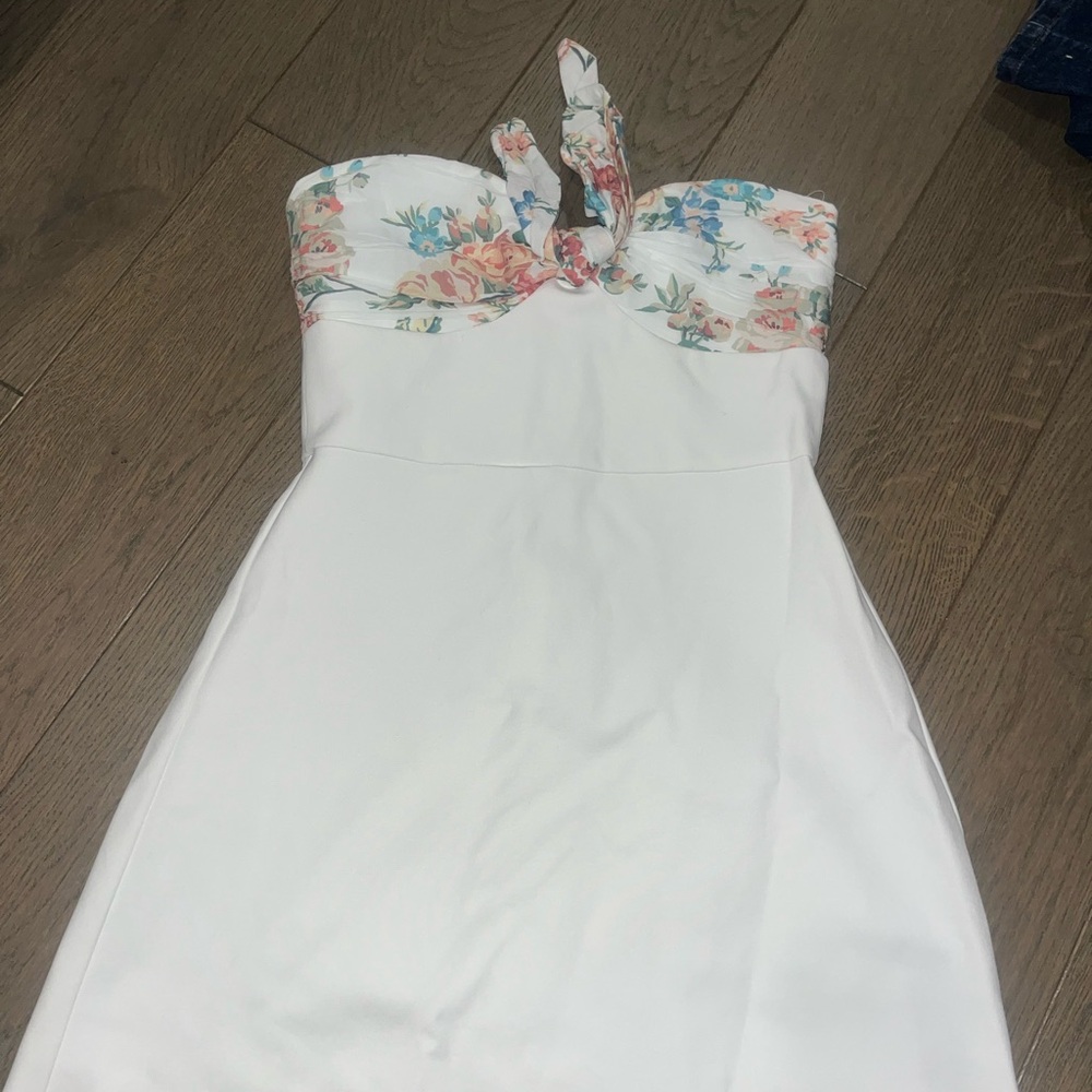 Zara White Strapless Dress with Floral Accents